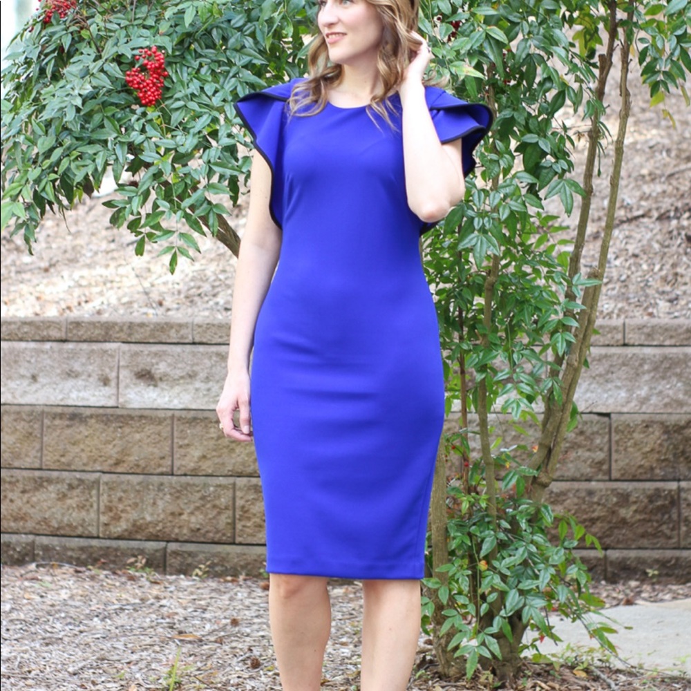 Calvin Klein blue sheath dress with flutter sleeve size 14